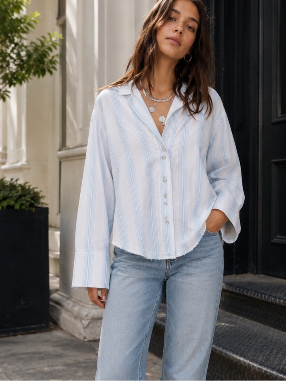 WE THE FREE Blue and White Striped Trapeze Kelia Button Front Top, S